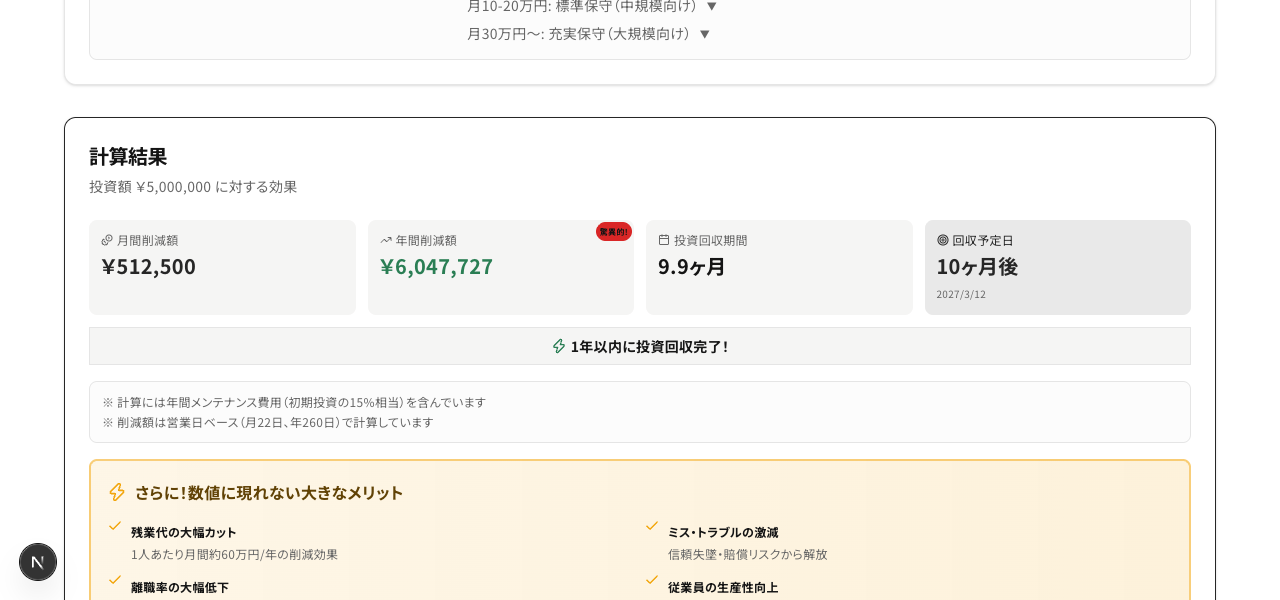 ROIシミュレーターの計算結果。エージェント3回と生成テスト10回が全て同じ ¥512,500 に到達した